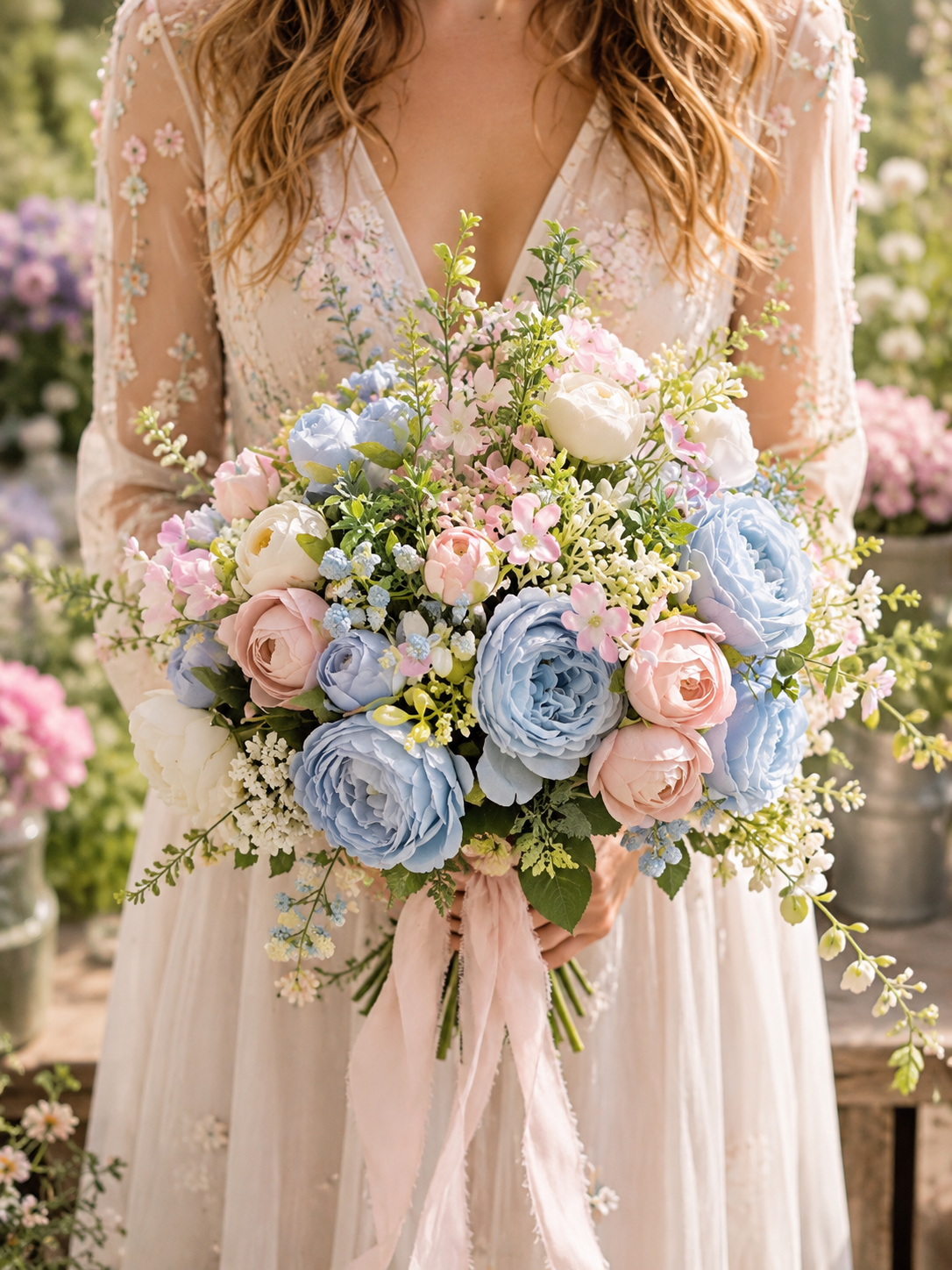 A woman in a cream lace dress holds a pastel flower bouquet with light blue and pink roses, baby's breath, and green foliage in a garden setting.