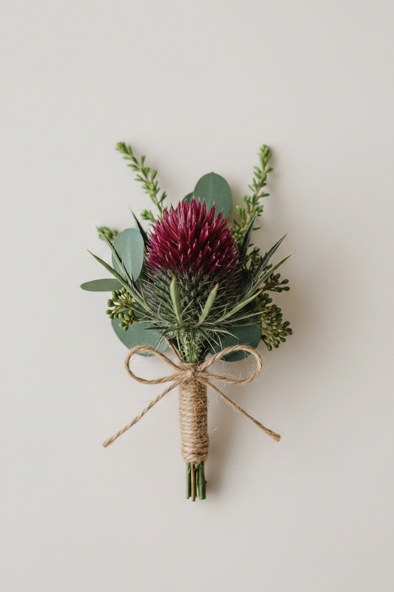 A small boutonniere featuring a prominent deep burgundy thistle, green eucalyptus leaves, and fine green sprigs, wrapped in natural jute twine and tied with a bow, set against a solid light beige background.