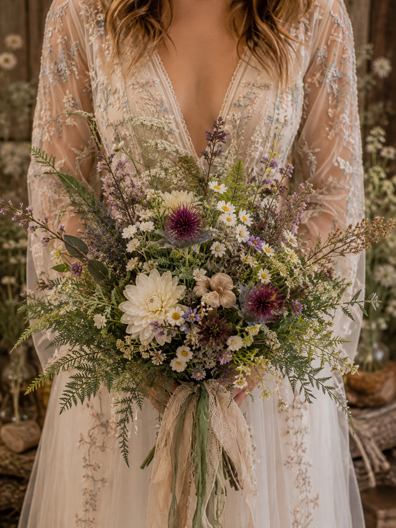 A bride in a wedding gown holds a large boho-style floral bouquet with white daisies, purple thistle-like flowers, green foliage, and beige ribbon, photographed in a softly blurred rustic indoor setting.