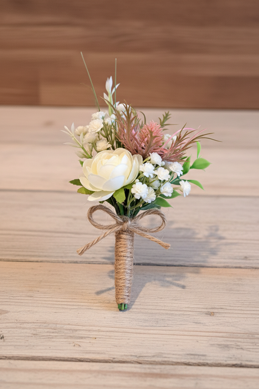 A small floral wrist bouquet with a white rose, baby's breath, green foliage, and blush pink accents, wrapped in twine and tied with a bow, displayed on a light wood surface.