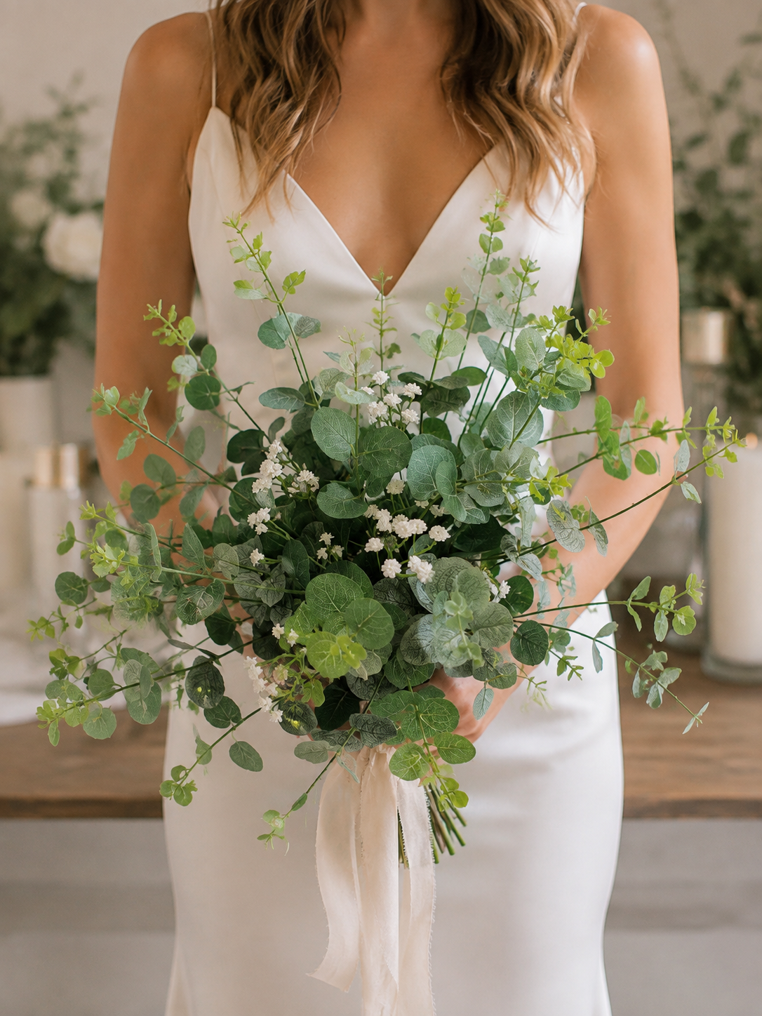 A bride in a white satin V-neck dress holding a lush bridal bouquet of green eucalyptus, baby's breath, and a cream ribbon, set against a softly blurred indoor background.