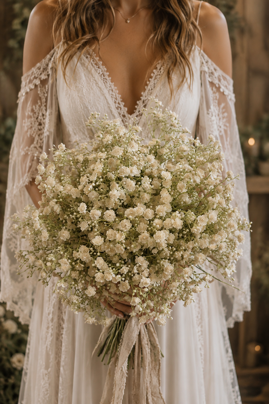 A woman wearing a white lace cold-shoulder wedding dress holds a large bouquet of white baby's breath flowers in a softly lit indoor setting.