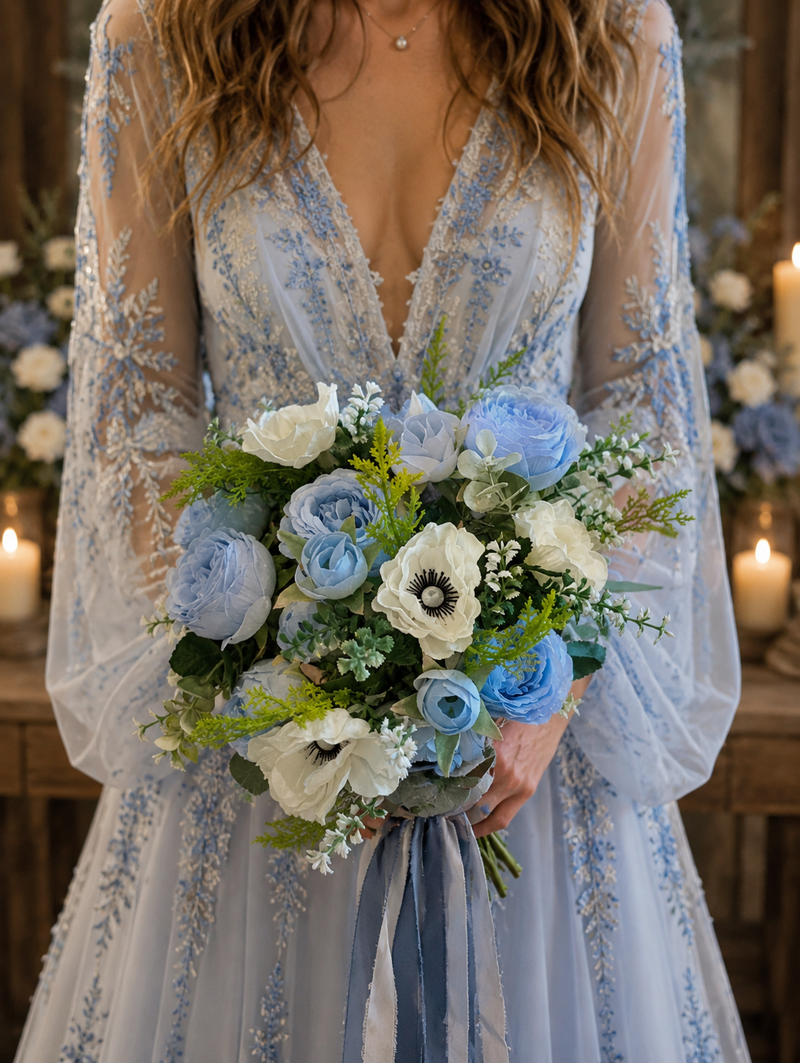 A bride in a lacey blue wedding gown holding a bouquet if blue peonies and white anemone 