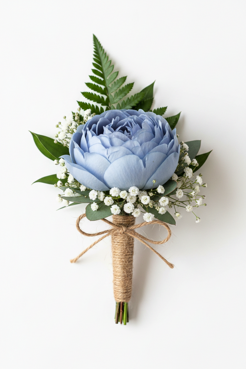 A single floral boutonniere featuring a large light blue peony-like bloom, green leaves, small white baby's breath flowers, and a wrapped twine handle, photographed on a clean white background.