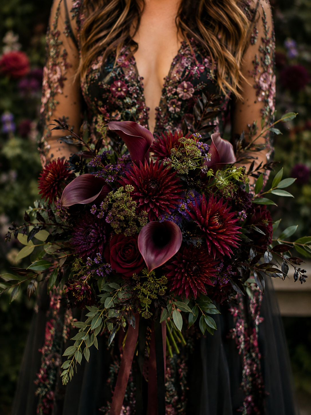 A close-up of a person wearing a dark floral gown and holding a large bouquet of deep burgundy flowers with green foliage.