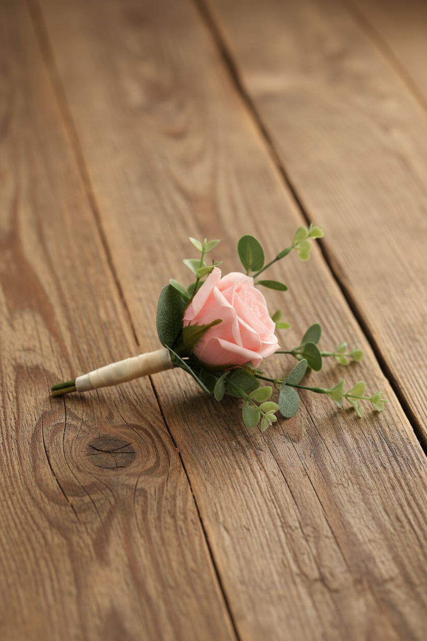 a single light pink rose with eucalyptus wrapped in a ribbon for a groom