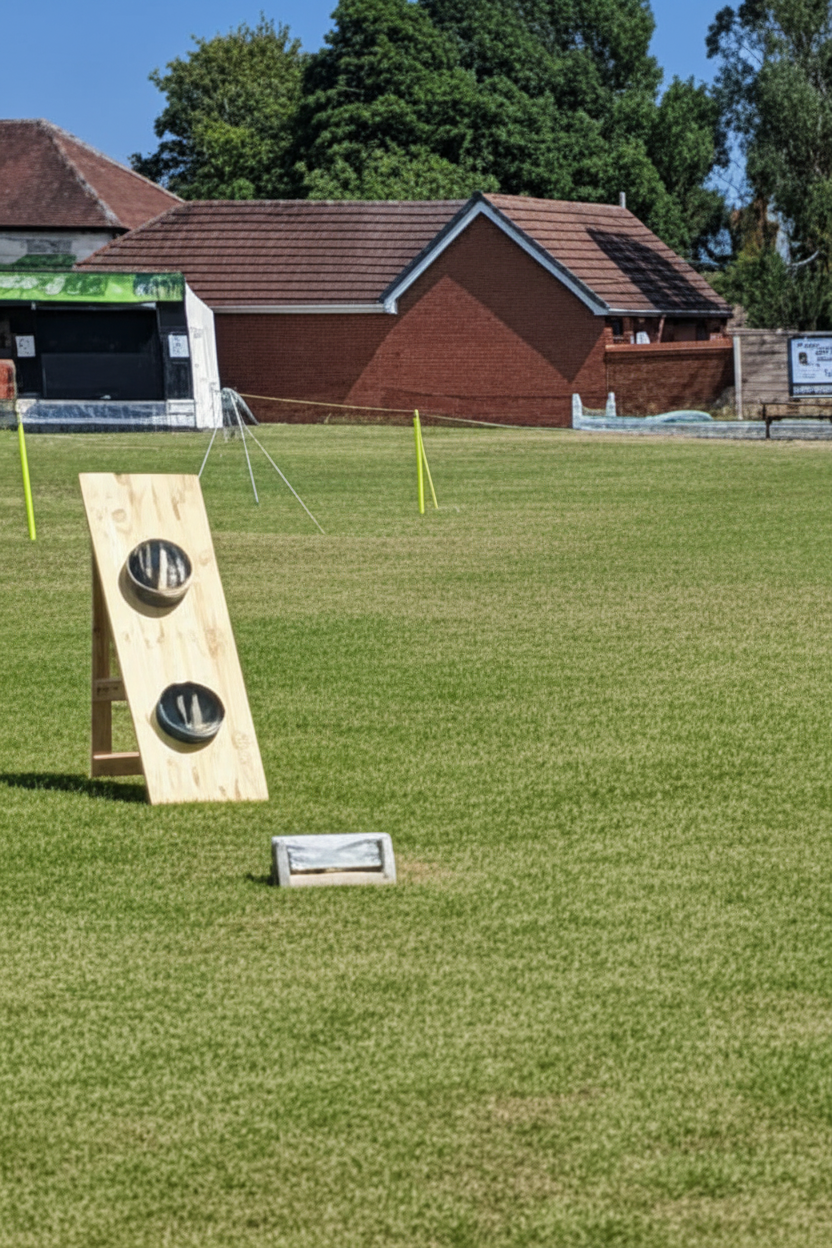 A wooden ball in the bucket with two circular holes stands on a grassy field. A small sign is placed in front of the board, and brick buildings with trees are visible in the background. Charity event, Shouthport