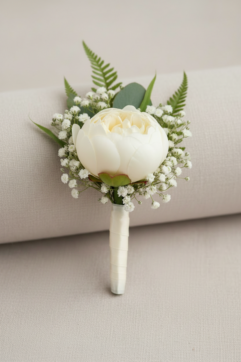 A white peony boutonniere with baby's breath and green fern leaves, wrapped in a white ribbon and resting on a neutral beige textured surface.