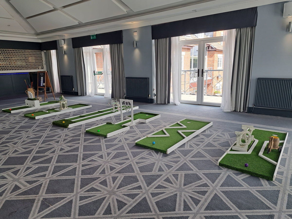 6 hole wedding mini golf course, set up inside a function room. Formby Hall Hotel & Golf 