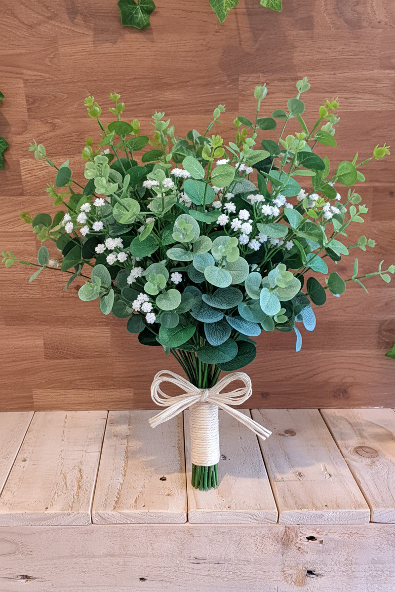 A bridal bouquet featuring eucalyptus & gypsophila on a rustic shelf 
