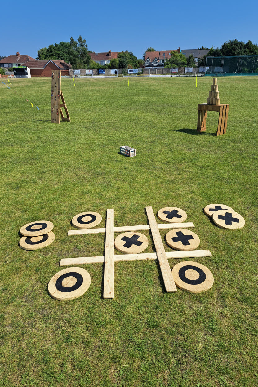 Outdoor wooden tic-tac-toe game set on a grassy field, with large round boards, a cross-grid, and a couple of other games in the background under a blue sky. Charity event, Southport