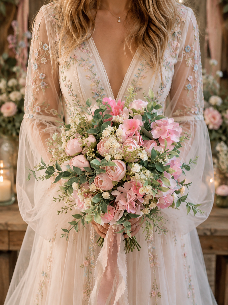 A bride holding a faux bouquet of pink peony & hydrangea with green foliage, with a lacey punk geon with candles lit in the background 