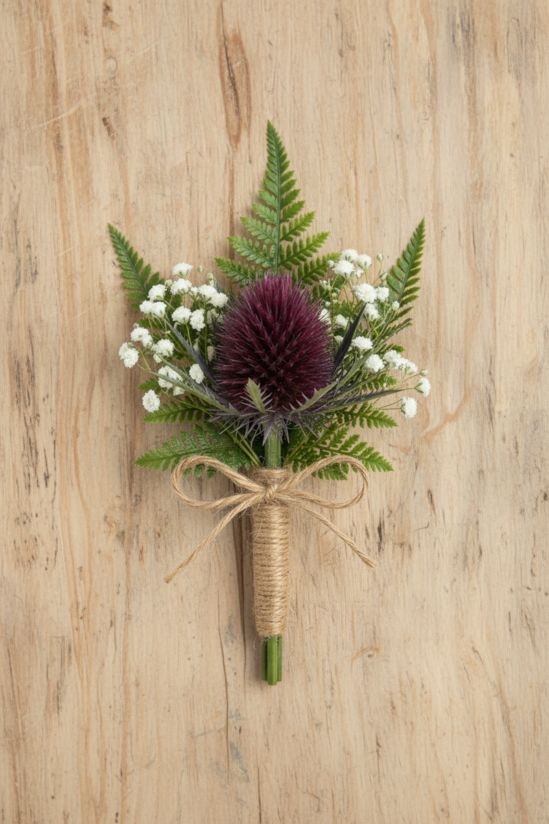 A rustic floral boutonniere featuring a deep burgundy thistle, green ferns, white baby's breath, and a jute twine bow, displayed on a light wood background.