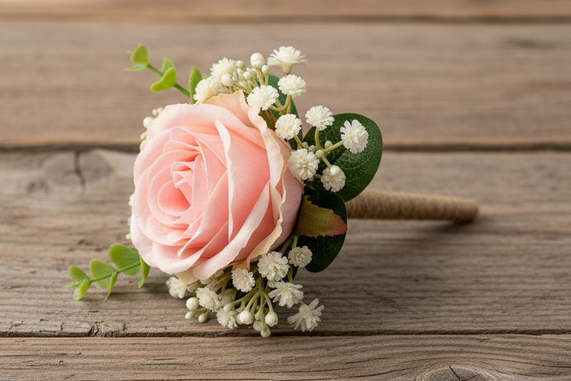 A buttonhole with a large pale pink rose, white baby's breath, and green leaves on a rustic wooden surface.