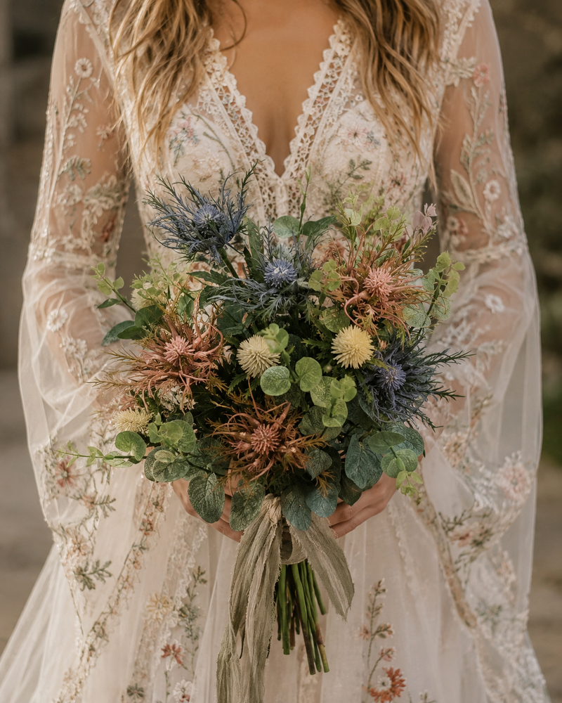 A bride wearing a sheer floral lace wedding dress holds a large, rustic-style wildflower bouquet with green foliage, blue thistles, and dusty pink flowers.