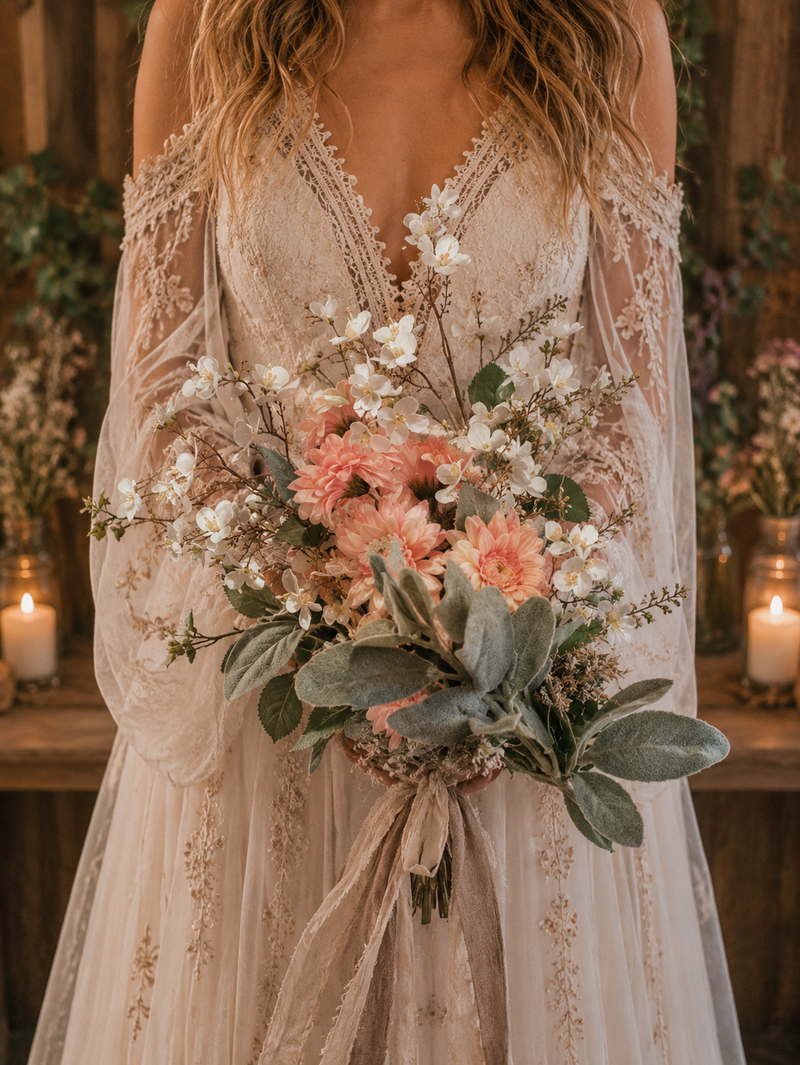 A bride holding a bouquet of flowers containing apple blossom, pink gerberas & lambs ear. She is wearing a lace gown with candles  in the background 