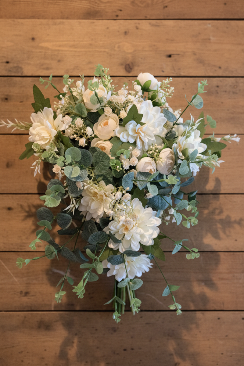 An artificial floral arrangement featuring white and cream faux roses, daisies, and eucalyptus leaves, displayed in a rustic brown basket against a wooden plank background.