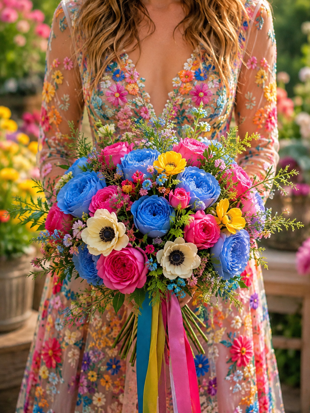 A woman in a colorful floral dress holds a vibrant bouquet of blue, pink, yellow, and white flowers with rainbow-colored ribbons in a garden setting.