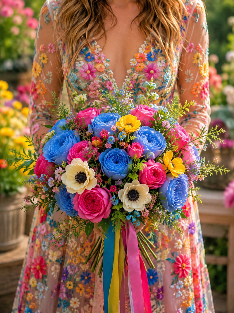 A woman in a colorful floral dress holds a vibrant bouquet of blue, pink, yellow, and white flowers with rainbow-colored ribbons in a garden setting.