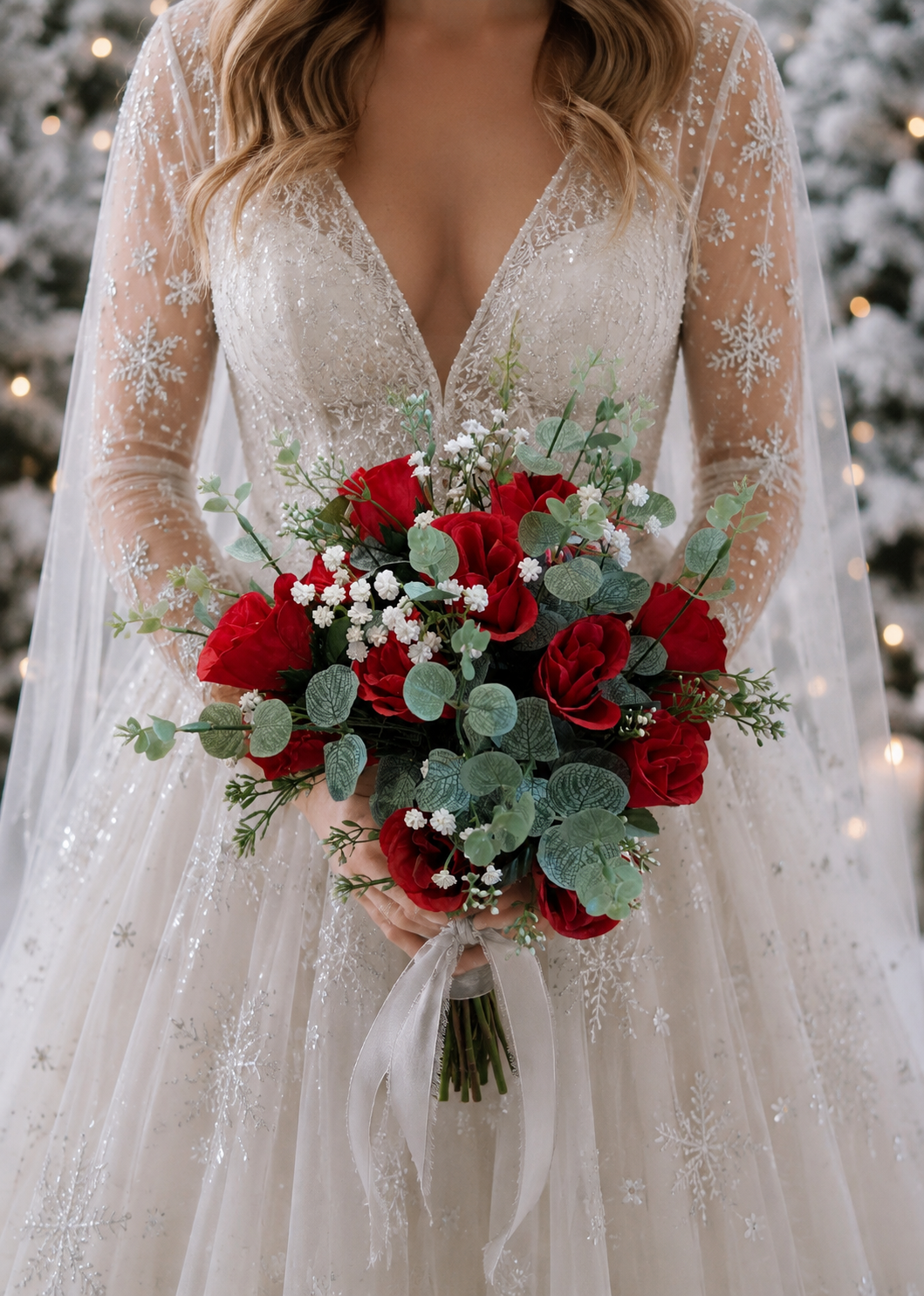 A bride in a long-sleeve lace wedding dress holding a red rose and eucalyptus bouquet, with blurred holiday lights in the background.