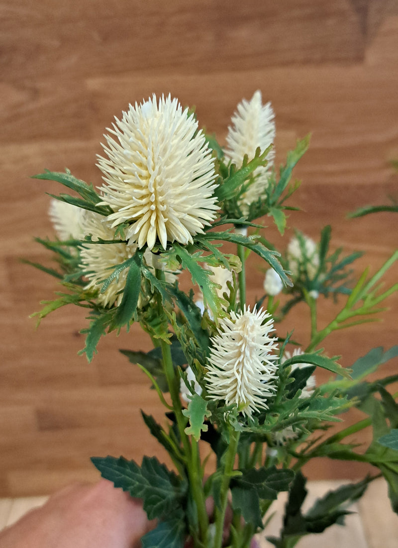 A bouquet of artificial white spiky thistle flowers with green leaves, held by a hand against a wooden background.