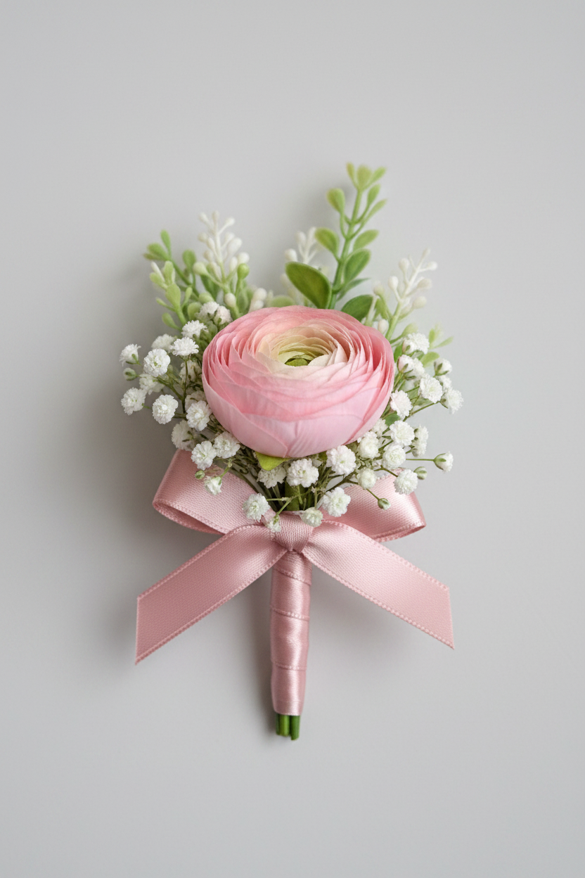 A floral boutonniere featuring a pink ranunculus flower, white baby's breath, green foliage, and a pink satin ribbon bow, photographed against a neutral light gray background.